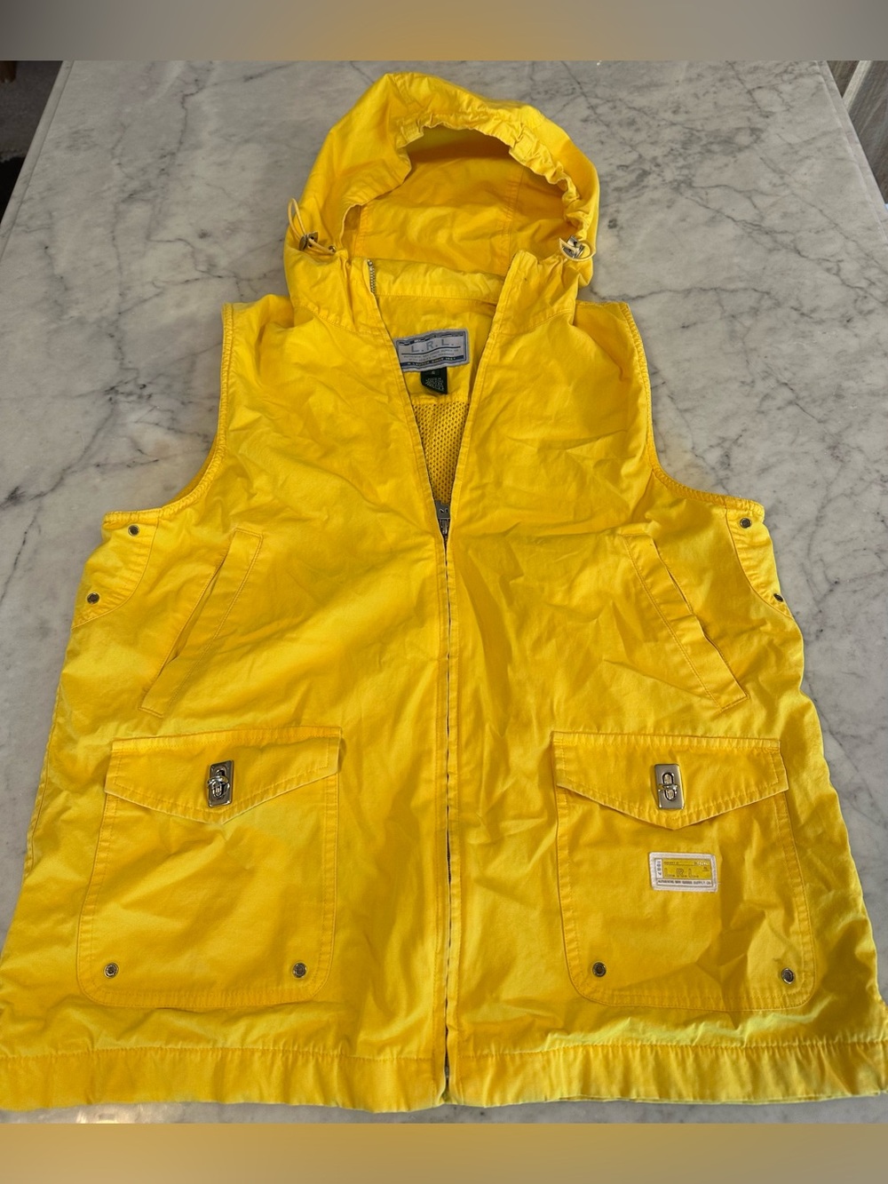 RALPH LAUREN Women SMALL Vest Hooded Yellow Windbreaker mesh Lined Vintage